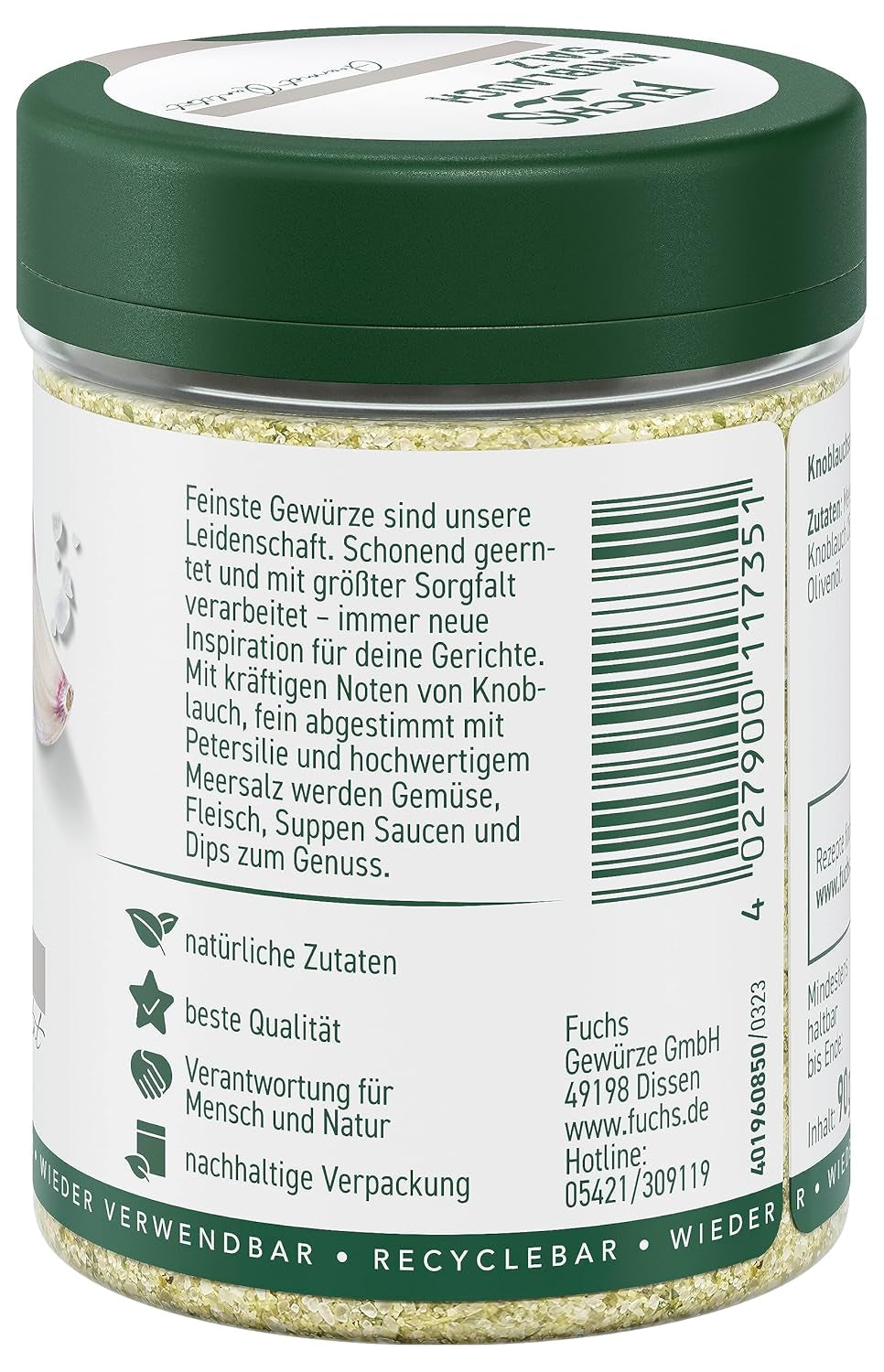 Fuchs Gewürze - Knoblauchsalz - Gewürzsalz für Dips, Saucen und Gemüse - ingredientes naturales - 90 g en wiederverwendbarer, recyclebarer Dosis
