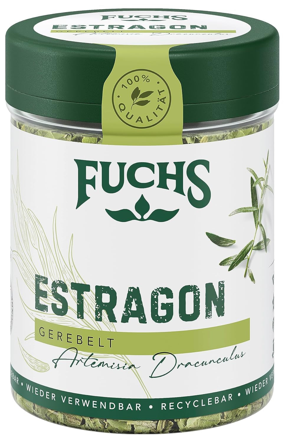 Fuchs Gewürze - Estragon gerebelt - französisches Kraut zur Verfeinerung von Saladen, Sauce Hollandaise oder Rührei - ingredientes naturales - 10 g en wiederverwendbarer, recyclebarer Dosis