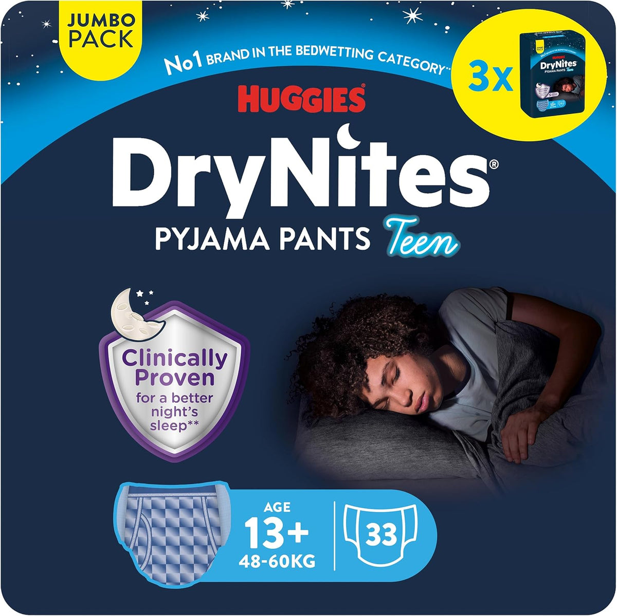 Huggies DryNites pañales para enuresis nocturna, niños de 13 a 17 años aproximadamente (48-60 kg), 33 unidades (3x11), paquete mensual gigante, calzoncillos XL