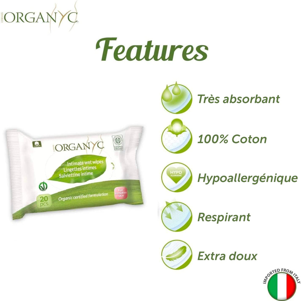 Toallitas íntimas húmedas Organyc, hechas de 100% algodón orgánico certificado, 4 paquetes de 20 toallitas (80 toallitas en total)