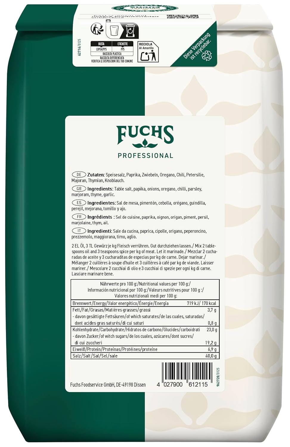 Fuchs Professional - Drehspiess Döner Kebab Gewürzzubereitung | Gewürz für den typischen-Döner Gesmack | Calidad profesional para grandes empresas gastronómicas y gastronómicas | Bolsa reciclable de 1 kg.