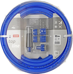 Set furtun de grădină TATAY Blue Line 25 metri Ø3/4" 19mm, 3 straturi, fabricat în Spania, rezistență 20 bar și +60°/-20°, împletit, fără cadmiu și plumb, fără BPA, anti-UV. Culoare albastru.