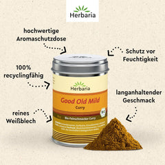 Herbaria Good Old Mild Curry bio 80g M-Dose – Currypulver, Currymischung - Bio-Gewürzmischung für klassische Curry-Spezialitäten z.B. Currywurst - erlesenen Ingrediente en nachhaltiger Aromaschutz-Dose