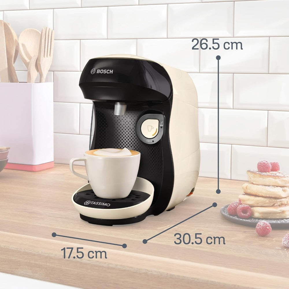 Espressor cu capsule Bosch Tassimo Happy Friendly TAS107E, peste 70 de băuturi, potrivit pentru toate tipurile de cești, oprire automată, sustenabil, dozare perfectă, economie de spațiu, 1400 W, crem/negru