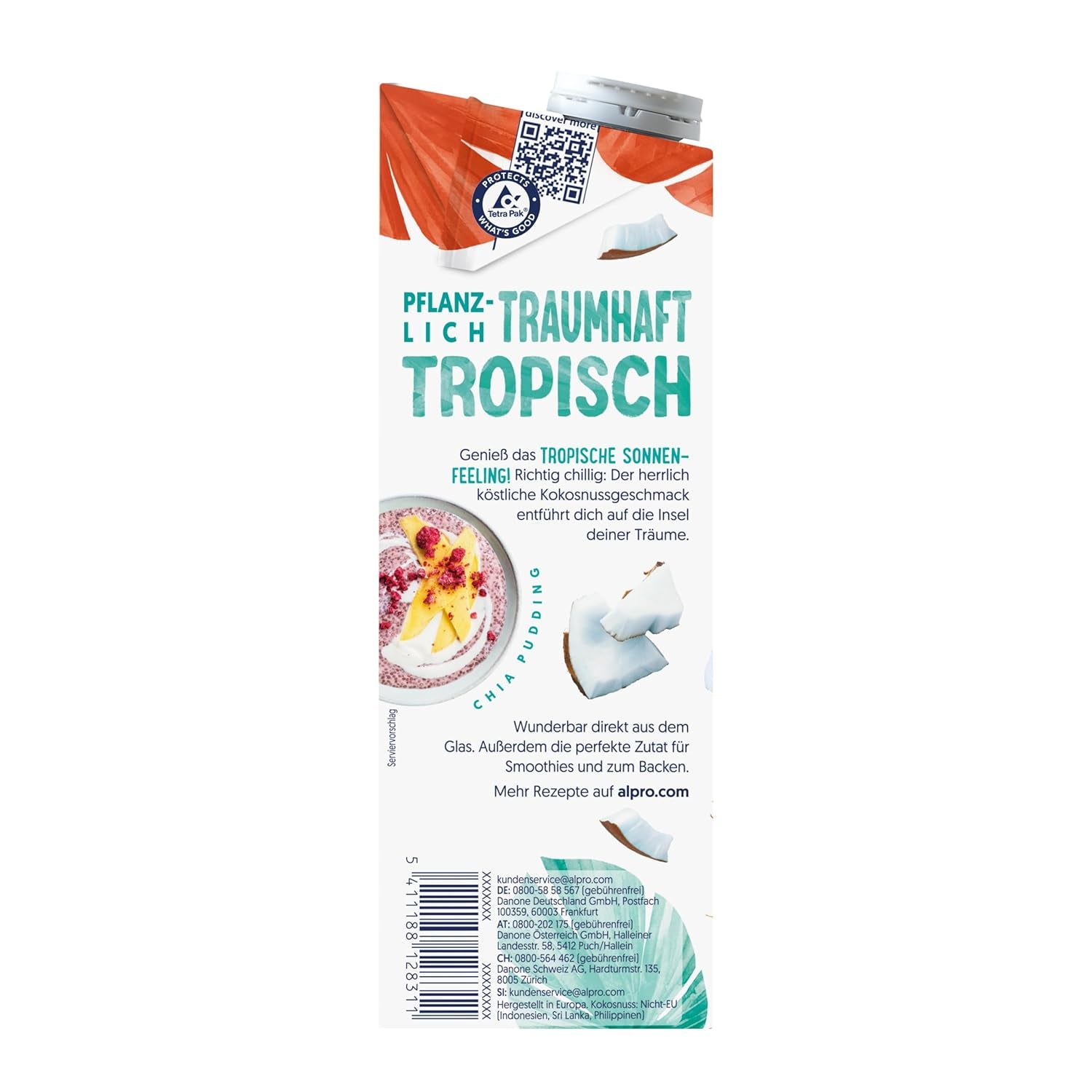Alpro Kokosnussdrink ohne Zucker – Ohne Süßstoffe – Vegan und milchfrei – Von Natur aus lactosefrei und fettarm – Rico en calcio y vitaminas – 8 x 1 L