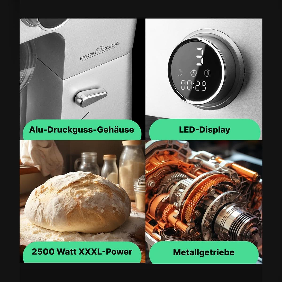 Proficook® Küchenmaschine Mit XXL 12L Schüssel | Knetmaschine con motor profesional de larga duración de 2500 W | Metallgetriebe y pantalla LED | Procesador de alimentos para bis zu 8,5 kg de masa | 13 velocidades | PC KM 1254 Tienda Naty Madre e Hijo