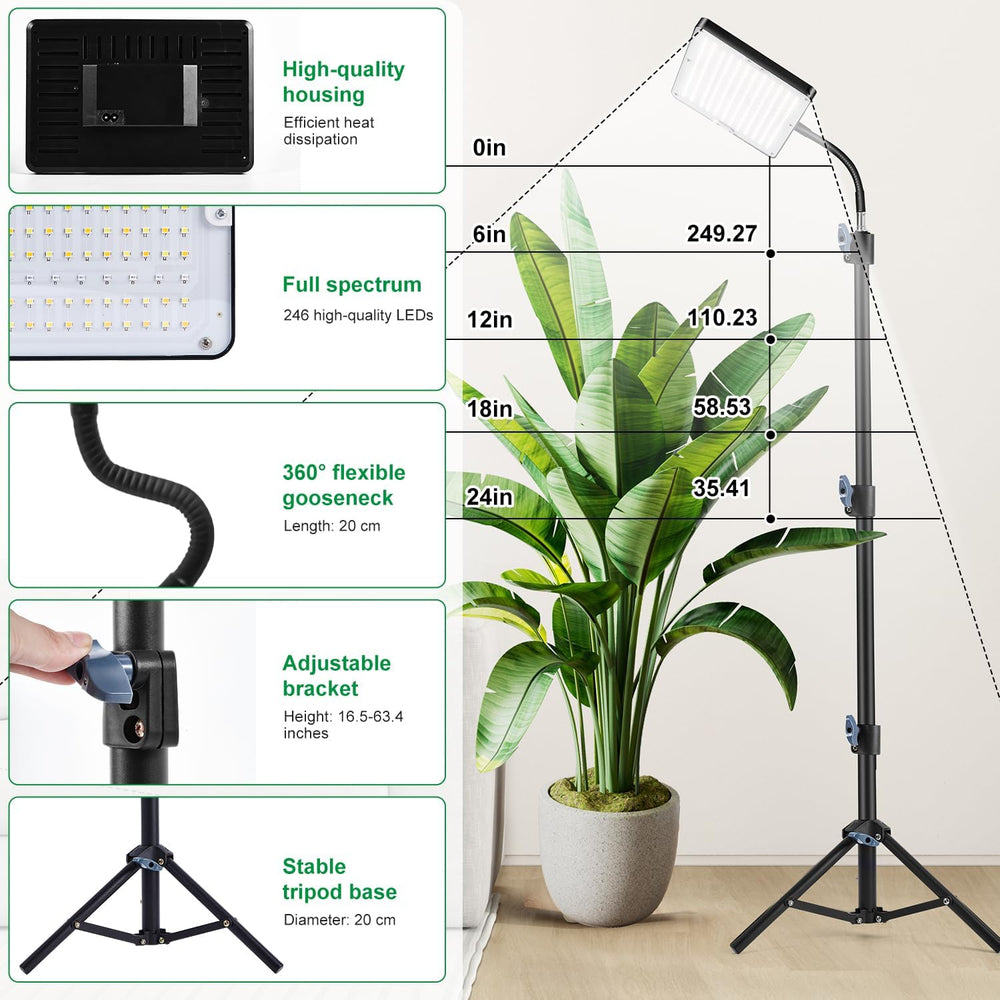 Luz LED para plantas de espectro completo con soporte ajustable, 246 LED con temporizador y 9 niveles de brillo, luz para plantas en flor, hortalizas, hidroponía y semillas, para principiantes y jardineros de interior