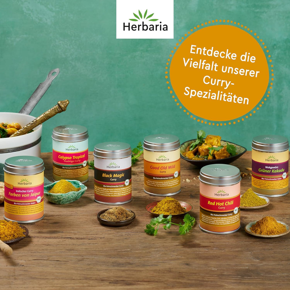 Herbaria Good Old Mild Curry bio 80g M-Dose – Currypulver, Currymischung - Bio-Gewürzmischung für klassische Curry-Spezialitäten z.B. Currywurst - erlesenen Ingrediente en nachhaltiger Aromaschutz-Dose