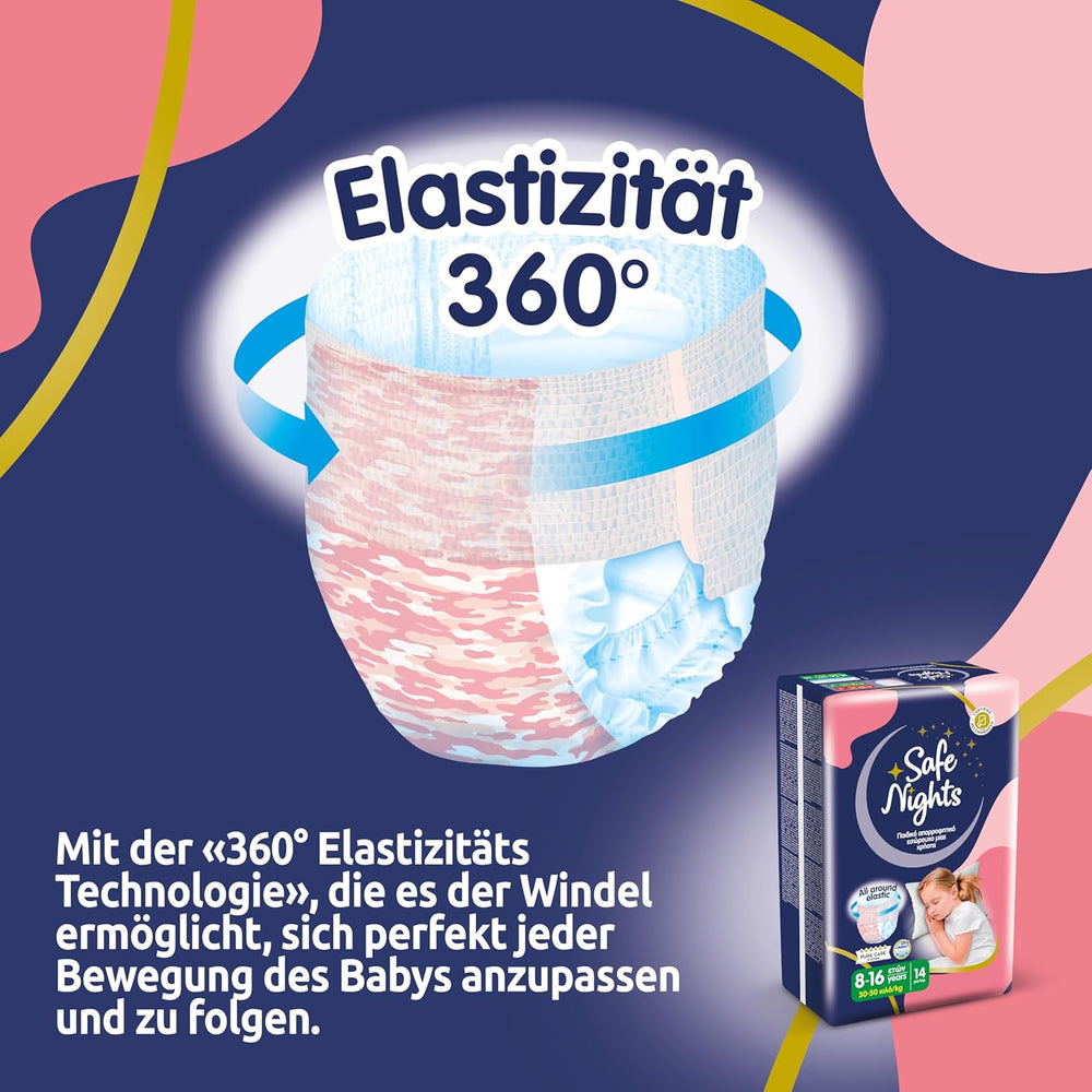 Safe Nights Girl, Ropa de dormir absorbente para niñas de 8 a 16 años (30 a 50 kg), paquete de 14