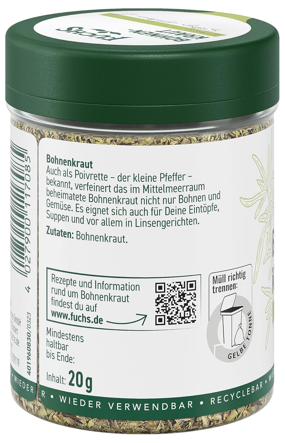 Fuchs Gewürze - Bohnenkraut gerebelt - ideal para Gemüsegerichte, Bohnengerichte oder Eintöpfe - ingredientes naturales - 20 g en wiederverwendbarer, recyclebarer Dosis