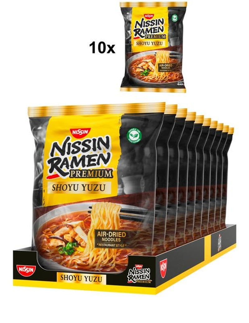 Nissin Ramen Premium - Shoyu Yuzu Paquete de 10 fideos instantáneos secos al aire estilo japonés con sabor a salsa de soja Yuzu y puerro seco (10 x 92,7 g)