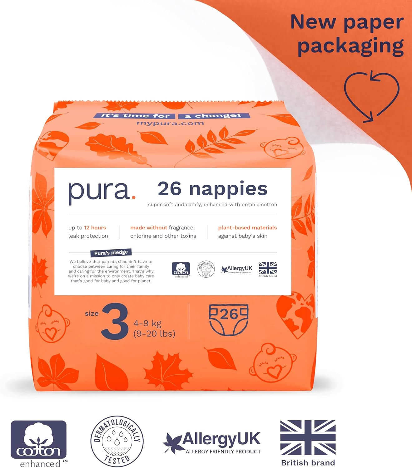 Pañales Eco Baby - Talla 3 (4-9 kg), 1 paquete (26 pañales), Pañales ultra suaves para pieles sensibles, Algodón orgánico, Hasta 12 horas de protección contra fugas, Nueva guía de tallas