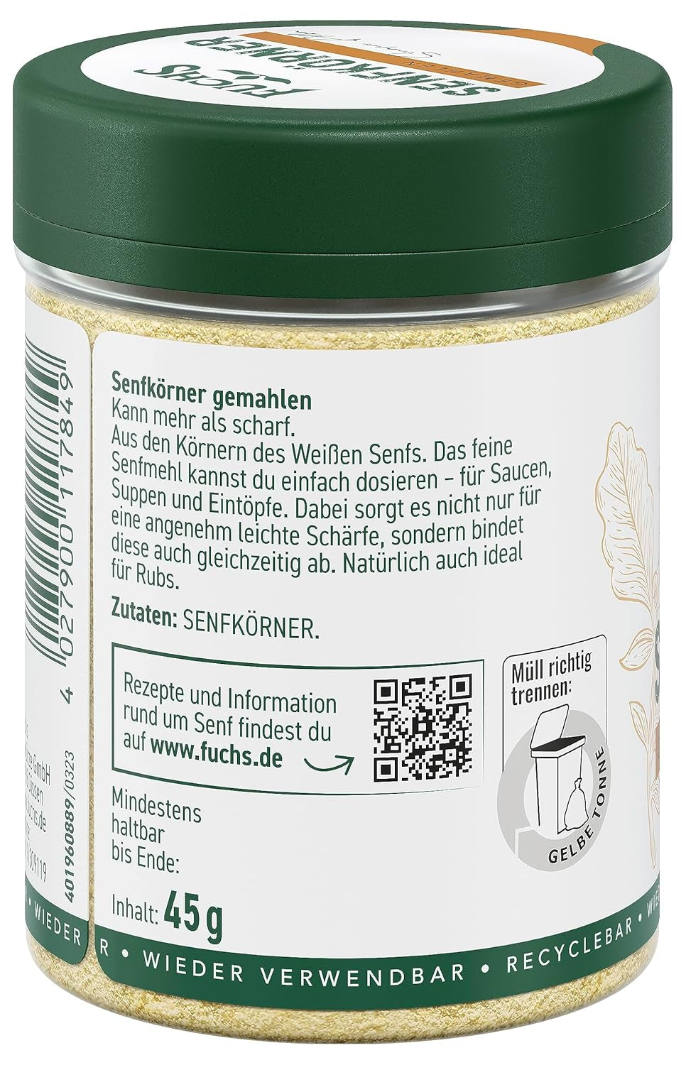 Fuchs Gewürze - Senfkörner gemahlen - für die Zubereitung von Rubs, zum Verfeinern von Suppen und Saucen - ingredientes naturales - 45 g en wiederverwendbarer, recyclebarer Dosis
