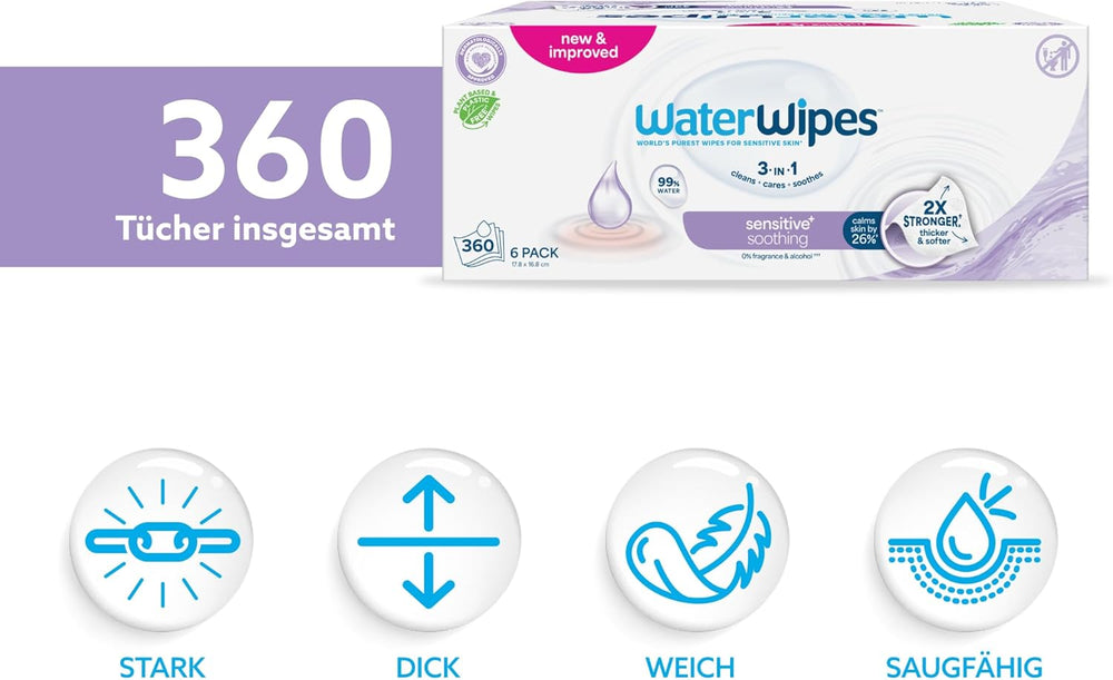 WaterWipes Sensitive+ Soothing Clean 360 piezas (paquete de 6) 3 en 1 limpieza, cuidado y calmante 99% agua con extracto de plantas toallitas para bebés sin perfume
