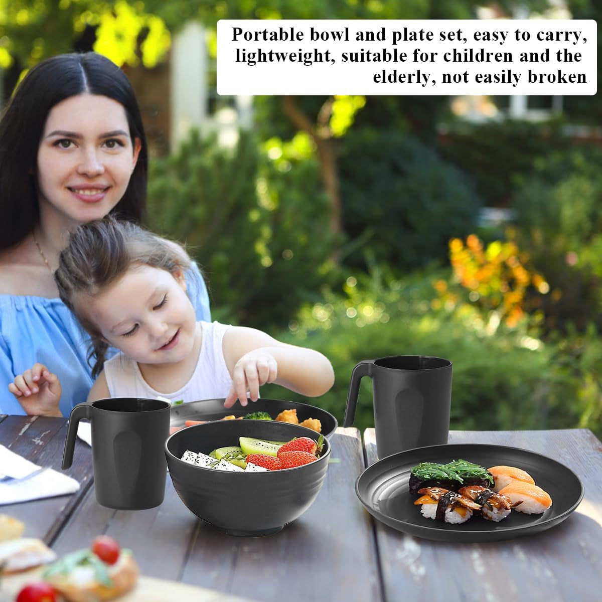 Set de veselă Berglander din plastic negru, 24 de piese pentru 6 persoane, farfurii și boluri reutilizabile, inclusiv farfurii de cină, farfurii de desert, boluri pentru cereale și cești pentru casă, grădină și picnicuri