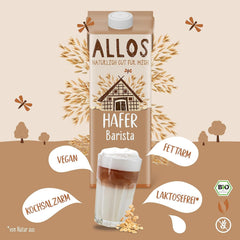 Allos Bio Haferdrink Barista | Milchalternative en Hafer | Bebida Schaumbarer auf Pflanzenbasis | Perfecto para café Bebida vegana sin lactosa | 1 Litro (6 Piezas)