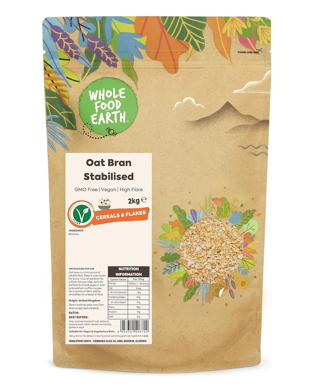 Salvado de avena estabilizado Wholefood Earth 2 kg | Sin OGM | Rico en fibra