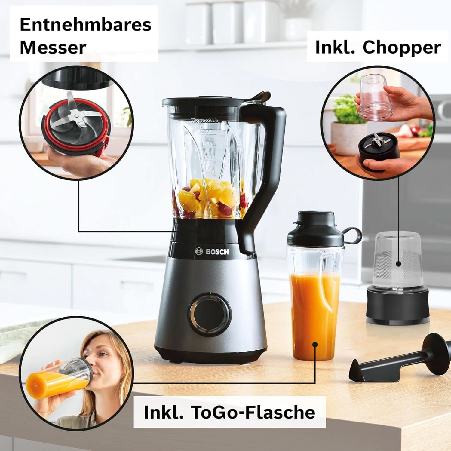 Batidora de mano Bosch Vitapower Serie 4 MMB6177S, Edelstahl-Klingen Made in Germany, Vaso de cristal termoseguro de 1,5 L, Botella para llevar de 0,6 L, Tapón, Kleinerkleinerer universal, 30.000 U/Min, 1200 W, Plata Cocina Naty Shop