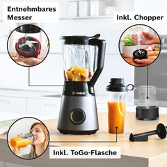 Batidora de mano Bosch Vitapower Serie 4 MMB6177S, Edelstahl-Klingen Made in Germany, Vaso de cristal termoseguro de 1,5 L, Botella para llevar de 0,6 L, Tapón, Kleinerkleinerer universal, 30.000 U/Min, 1200 W, Plata Cocina Naty Shop