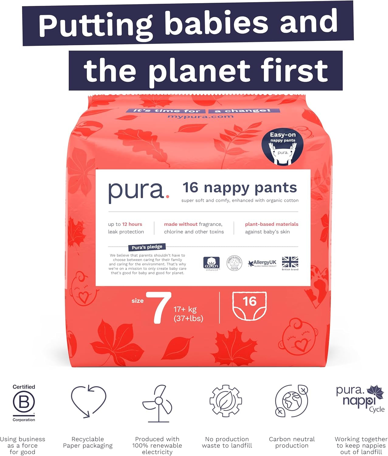 Bragas ecológicas, talla 7 (17 kg+), 16 piezas, ropa interior desechable para pieles sensibles y alérgicas, sin perfume, cierre lateral