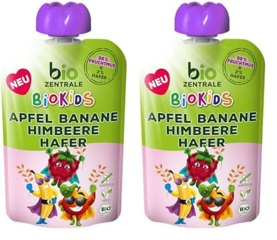 biocentral BioKids Puré de frutas Manzana Plátano Frambuesa Avena | 12 x 90g | Snack frutal sin azúcares añadidos | Vegano (paquete de 2)