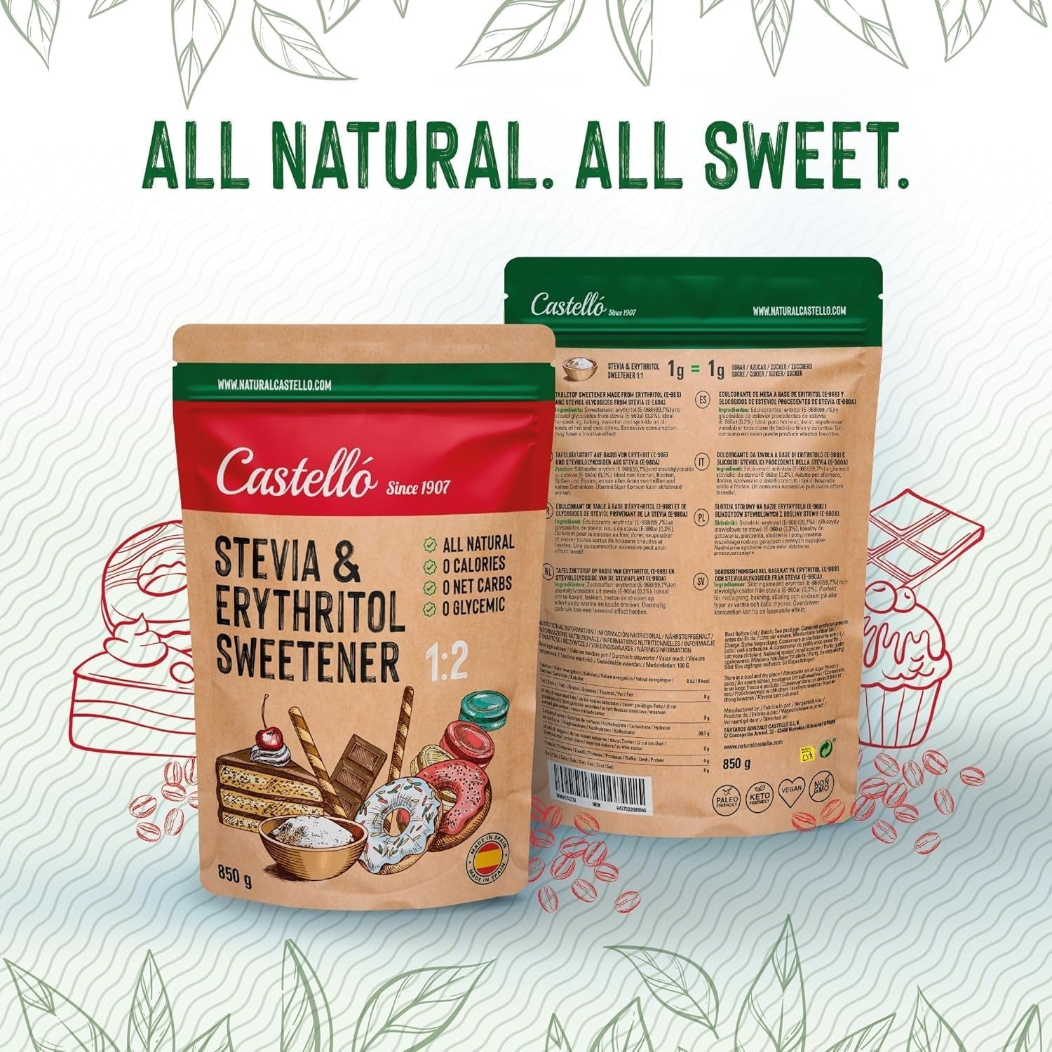 Stevia + Eritritol 1:1 Süßstoff | 1G = 1G Zucker | 100% Natürlicher Zuckerersatz - 0 Kalorien - 0 Glykämischer Index - Keto Und Paleo - 0 Netto-Kohlenhidrato - Kein GVO - Castello since 1907-850 G Edulcorantes Naty Shop