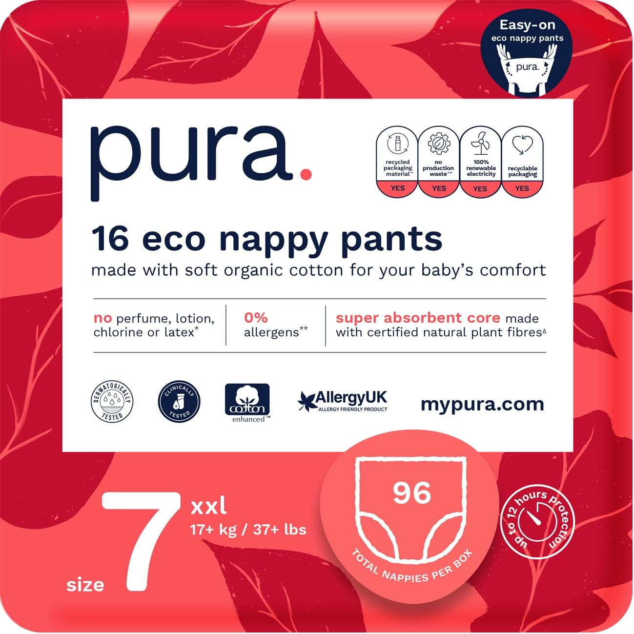 Bragas ecológicas, talla 7 (17 kg+), 16 piezas, ropa interior desechable para pieles sensibles y alérgicas, sin perfume, cierre lateral