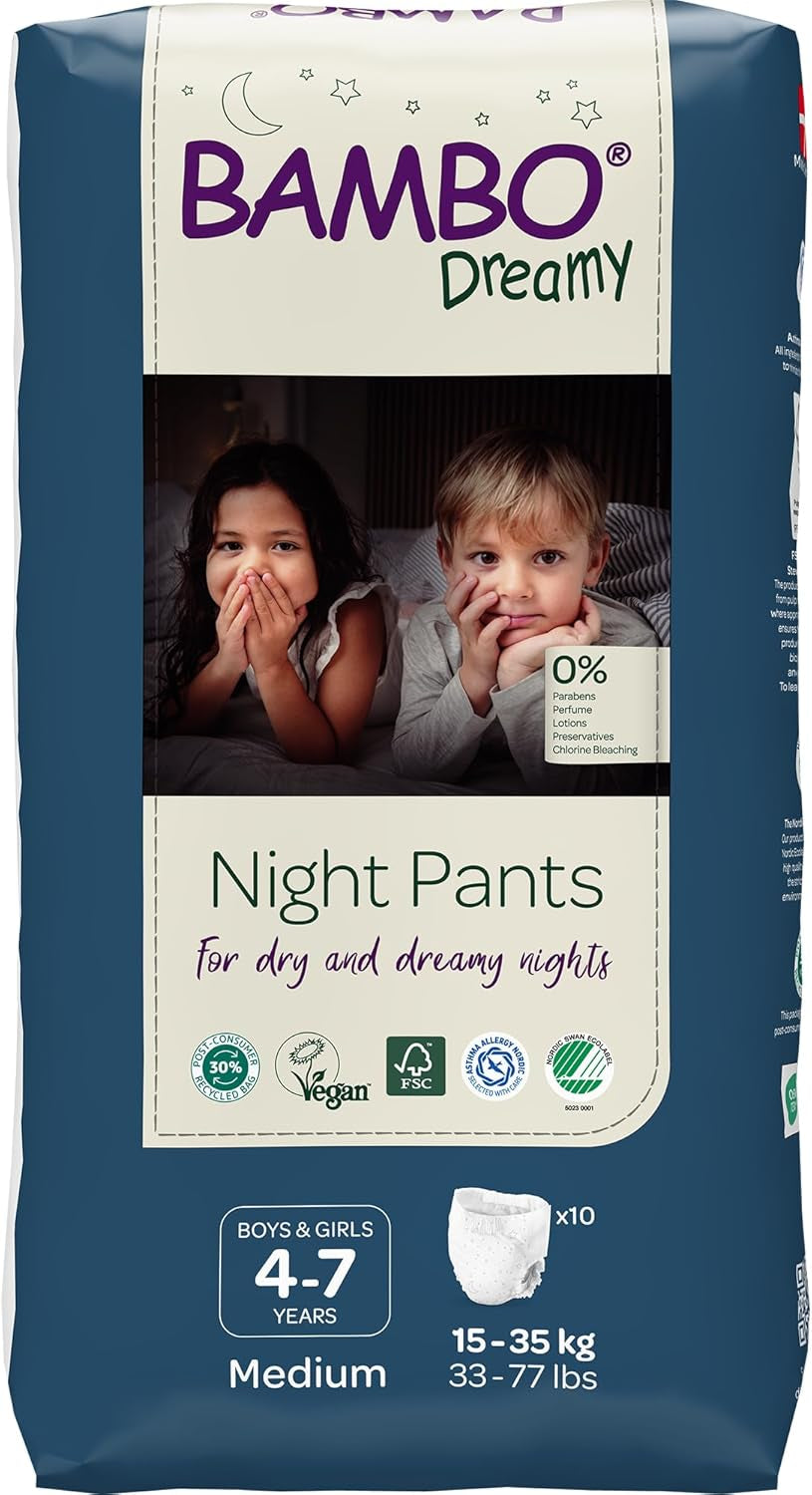 Pañales extraíbles nocturnos Bambo Dreamy, grandes (35-50 kg/77-110 lb), paquete de 10 | Pañales pull-up para niños | Ropa de dormir ultraabsorbente para mojar la cama