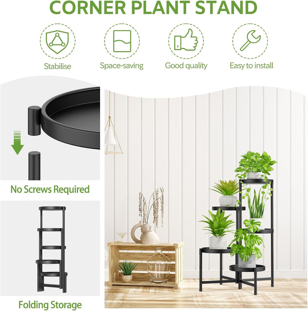 Idavosic.Ly Pflanzenständer Metall Groß Mit 5 Etagen, Blumenständer Pflanzenregal Blumenregal Indoor Outdoor, Faltbar Blumentreppen Innen Plant Stand Shelf Für Garten Balkon Wohnzimmer (Rund, Schwarz)