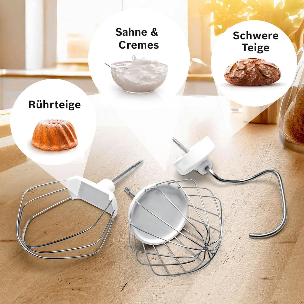 Küchenmaschine Serie 4 MUM58210, Edelstahl-Schüssel 3,9 L, Planetenrührwerk, Patisserie-Set Aus Edelstahl, Knethaken, Schlagbesen, Rührbesen, Durchlaufschnitzler, 3 Scheiben, 1000 W, Weiß/Silber Mother and Child Naty Shop
