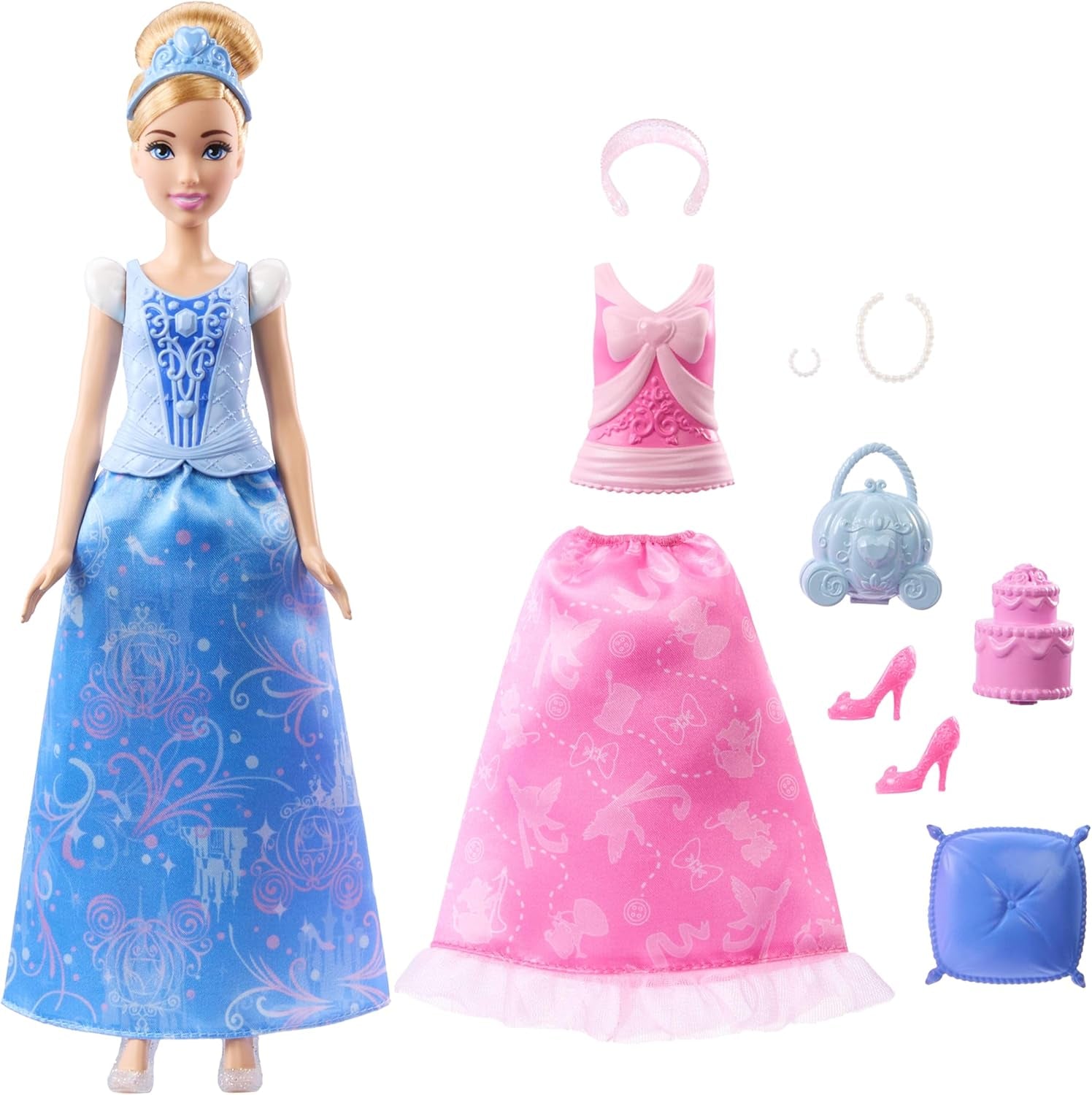 Mattel Disney-Princess-Spielzeuge, Cinderella-Modepuppe con 2 looks, 9 accesorios, 2 Oberteile zum Anklipsen y 2 Röcke. Película 2 en 1 inspirada en Disney Film, JCR95