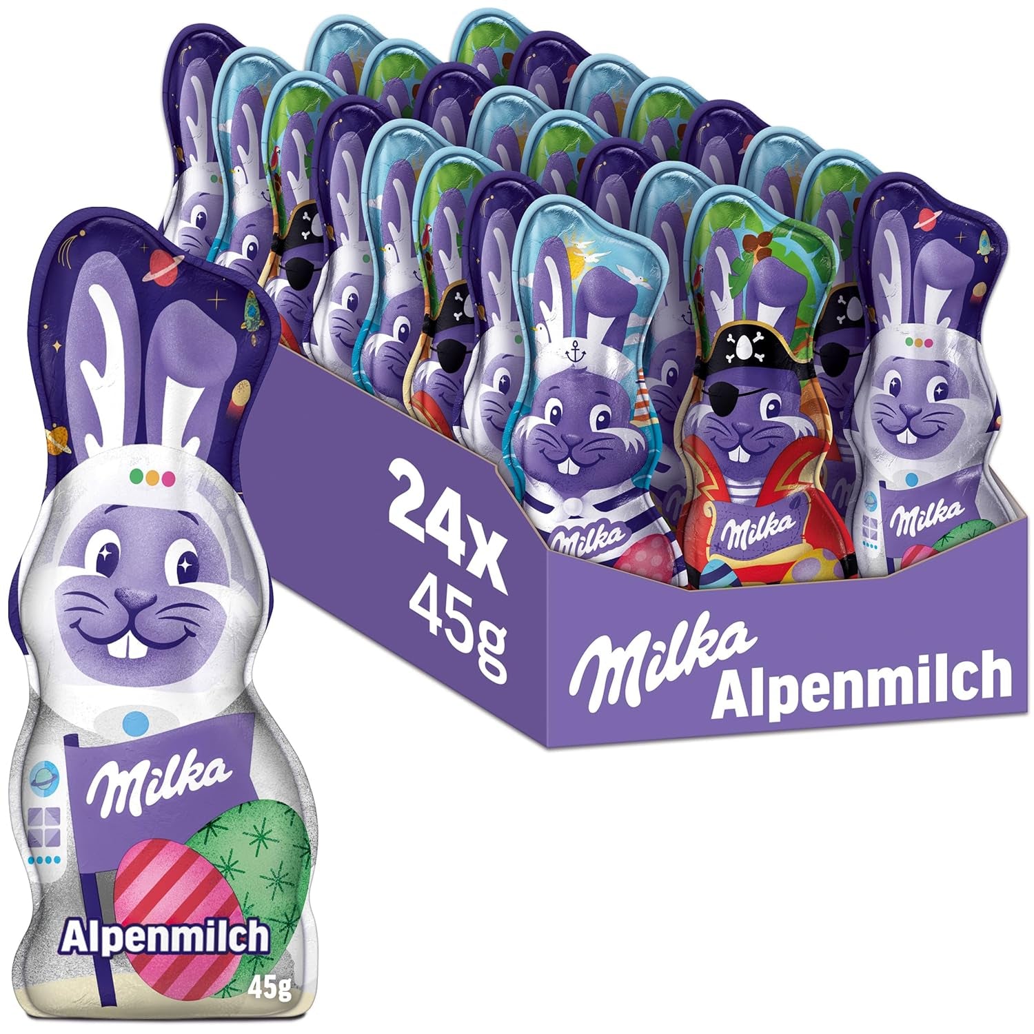 Milka Smiling Bunny Alpine Milk Design Edition - Chocolate de Pascua con 3 diseños diferentes - 24 x 45 g