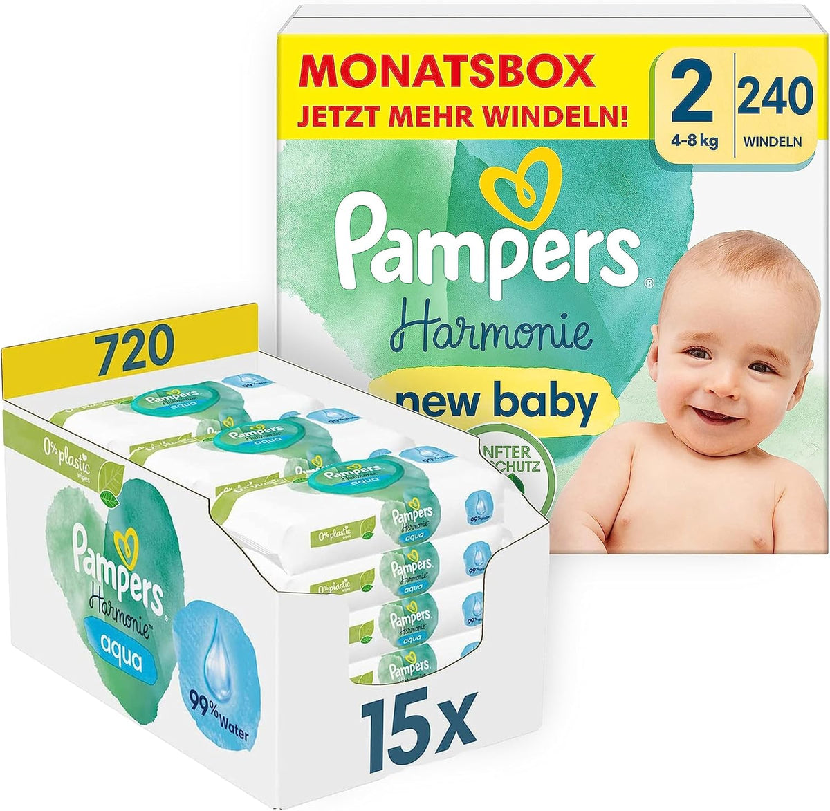 Juego de Pañales para Bebé Harmonie Talla 2 (4-8 kg, 240 Piezas) CAJA MENSUAL y Caja de Toallitas Húmedas para Bebé Harmonie Aqua 720 Toallitas (15 x 48), Baby Essentials