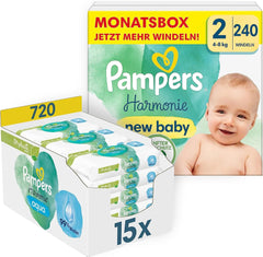 Juego de Pañales para Bebé Harmonie Talla 2 (4-8 kg, 240 Piezas) CAJA MENSUAL y Caja de Toallitas Húmedas para Bebé Harmonie Aqua 720 Toallitas (15 x 48), Baby Essentials