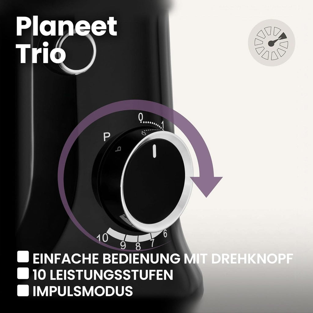 ZEEGMA PLANEET TRIO Planetenroboter, 1500 W, Multifunktionale Küchenmaschine Mit 3 Schüsseln 4 L, 4,5 L Und 5,2 L, 10 Betriebsgeschwindigkeiten, Mixer Mit Haken, Schneebesen (Schwarz) Mama si Copilul Naty Shop