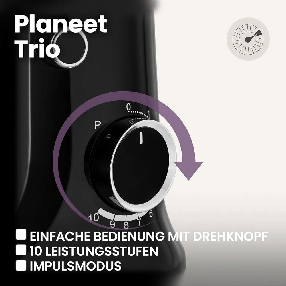 ZEEGMA PLANEET TRIO Planetenroboter, 1500 W, Multifunktionale Küchenmaschine Mit 3 Schüsseln 4 L, 4,5 L Und 5,2 L, 10 Betriebsgeschwindigkeiten, Mixer Mit Haken, Schneebesen (Schwarz) Mother and Child Naty Shop