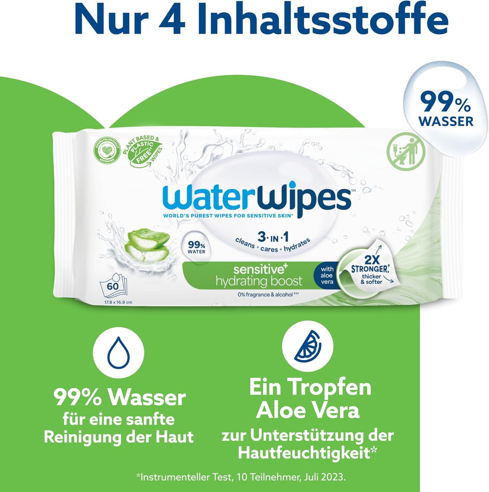 Toallitas húmedas WaterWipes Sensitive+ Hydrating Boost, toallitas hidratantes, 360 piezas (paquete de 6), 3 en 1 limpieza, cuidado, hidratación, 99% agua de aloe vera, toallitas para bebés sin perfume