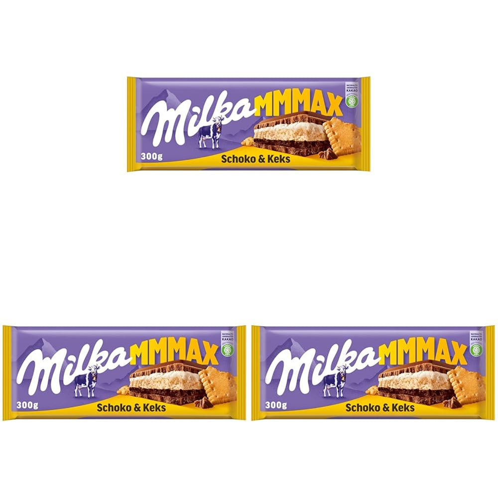 Chocolate y Galletas Milka Mmax – Chocolate con leche alpino con relleno de crema de leche y trozos de galleta crujientes – 300g