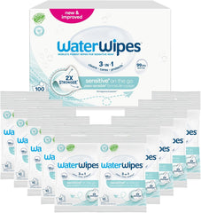 Toallitas húmedas WaterWipes Sensitive+ On The Go, 100 toallitas (paquete de 10), 3 en 1 limpia, cuida, protege, 99,9 % agua, toallitas sin fragancia