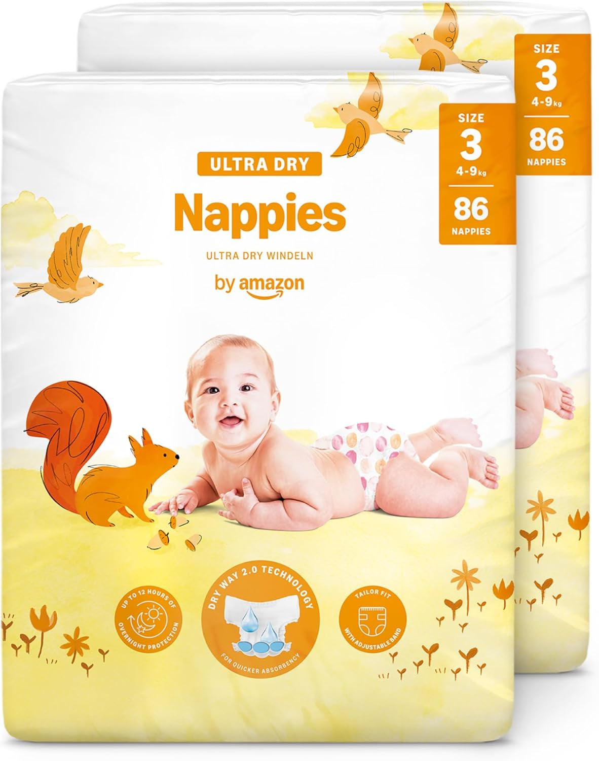 Pañales Amazon Ultra Dry, tamaño 3 (4-9 kg) - Caja mensual, blanco, 172 unidades (2 paquetes de 86) (anteriormente Mama Bear, producto idéntico)