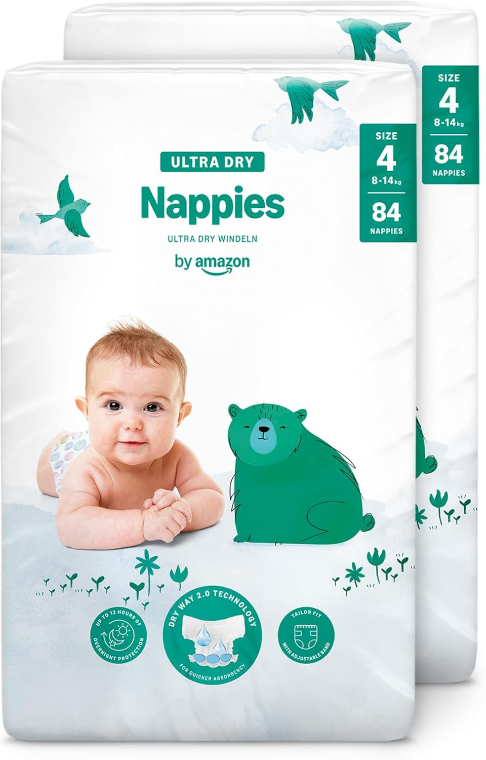 Pañales Amazon Ultra Dry, tamaño 1 (2-5 kg) - Caja mensual, blanco, 96 unidades (2 paquetes de 48) (anteriormente marca Mama Bear, producto idéntico)