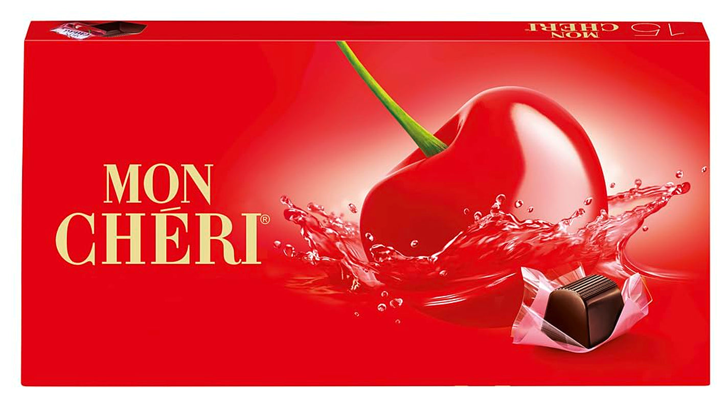 Ferrero Mon Chéri - Chocolate crujiente, licor afrutado y una cereza aromática - Regalo de chocolate de San Valentín para él y para ella - 1 paquete de 15 bombones individuales