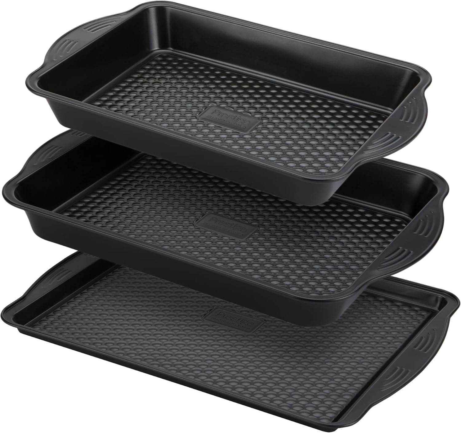 Prestige 48227 Aerolift Muffin Zinn, Acero al carbono, Schwarz Moldes y bandejas para hornear Naty Shop 3 Teilig Bachblech Set