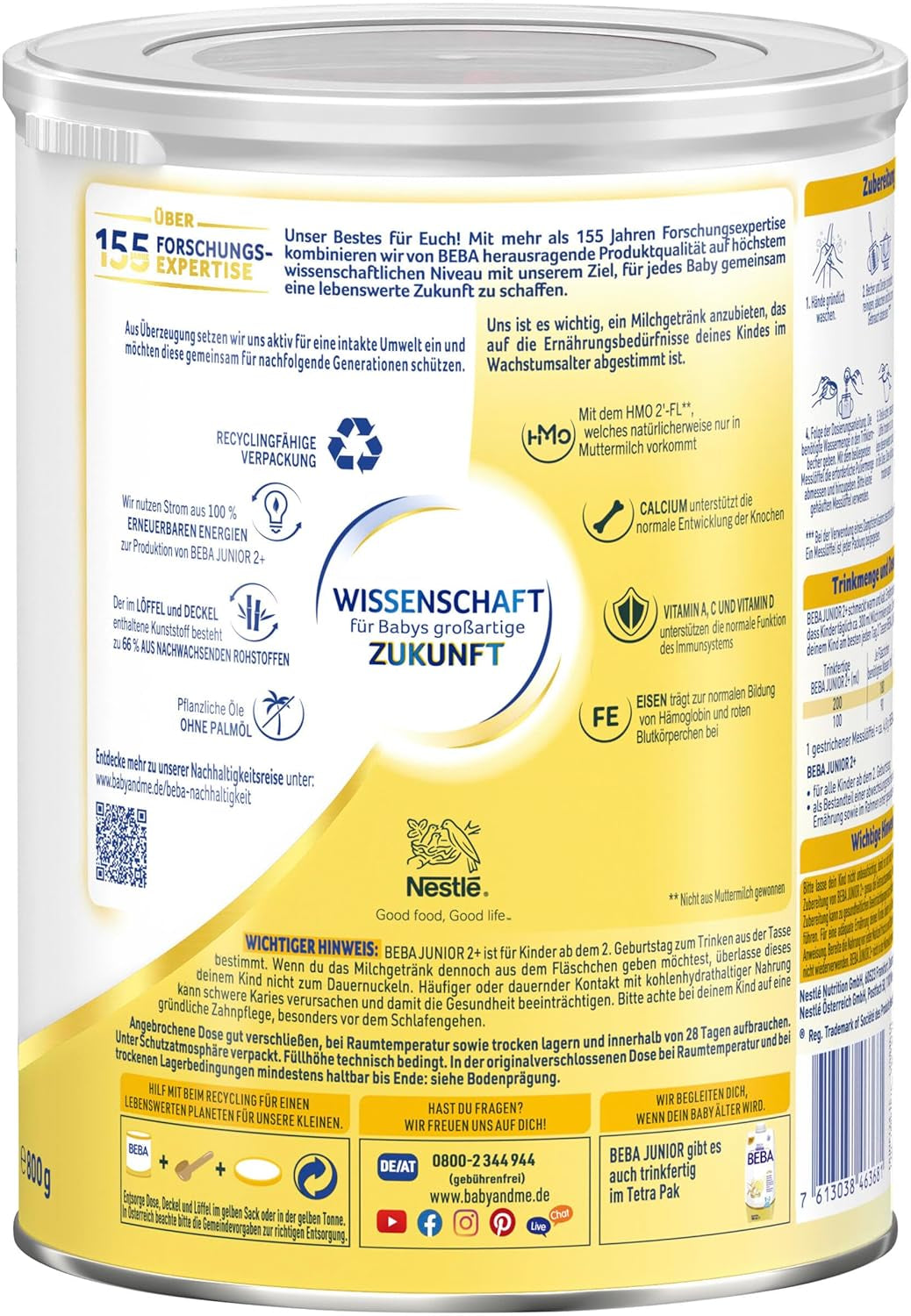 BEBA Junior 2+ bebida láctea a partir de 2 años, Con HMO, Contenido de proteínas apropiado para la edad, Solo lactosa, Sin aceite de palma, Sin aceite de pescado, Comida para niños pequeños, Leche en polvo para bebés, Paquete de 6 (6 x 800 g)