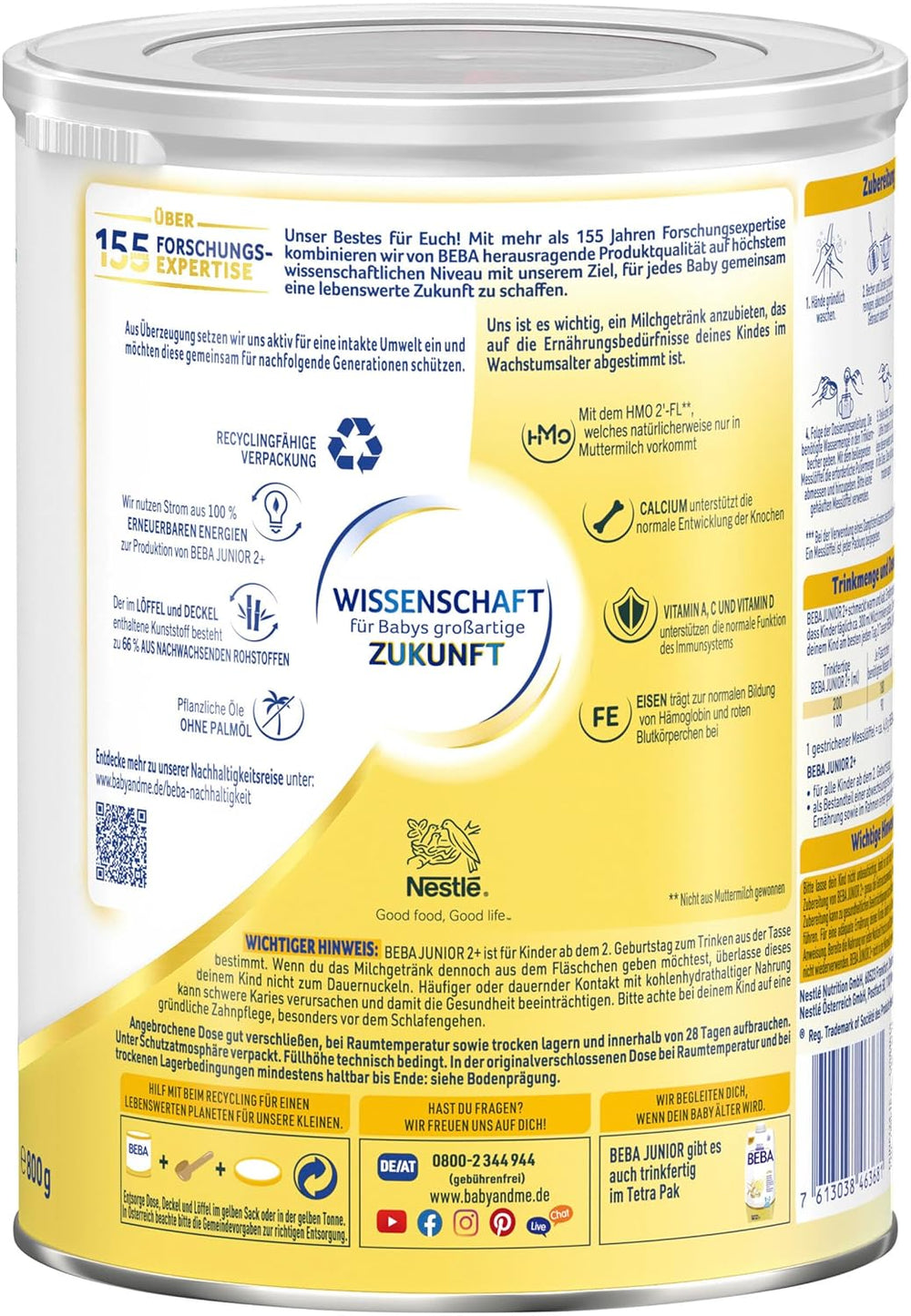 BEBA Junior 2+ bebida láctea a partir de 2 años, Con HMO, Contenido de proteínas apropiado para la edad, Solo lactosa, Sin aceite de palma, Sin aceite de pescado, Comida para niños pequeños, Leche en polvo para bebés, Paquete de 6 (6 x 800 g)