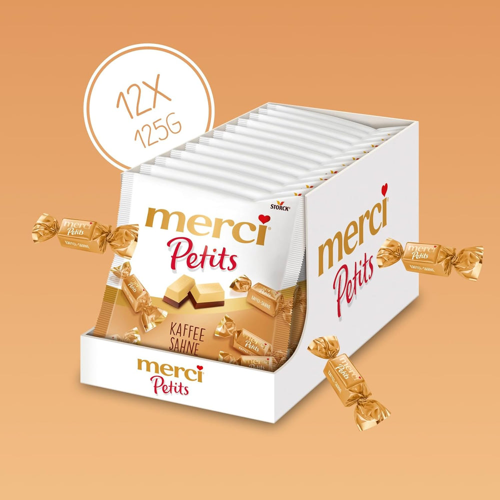 Merci Petits Crema de Café - 12 x 125 g - Pequeños bombones de chocolate blanco sobre chocolate fino con crema de café - Bombones de chocolate envueltos individualmente