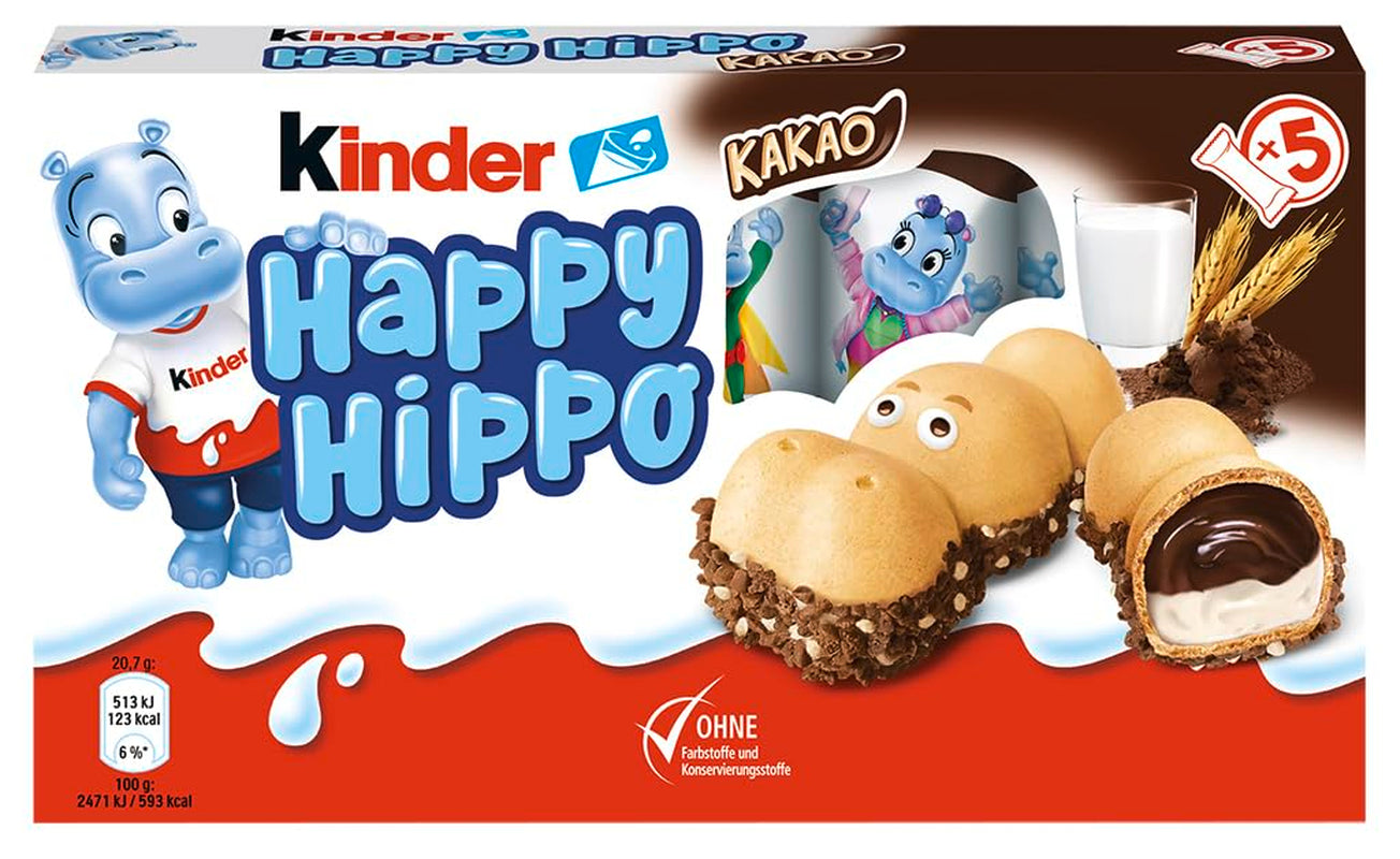 Kinder Happy Hippo Avellana - Obleas Crujientes Especiales con Leche y Crema de Avellanas - Dulces de Carnaval y Mardi Gras - 1 paquete que contiene 5 barritas individuales de 20,7g cada una