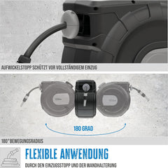 Rolă automată pentru furtun Güde 20-2-2 1/2 (pentru montare pe perete, rotire la 180°, furtun de 20 m, pulverizator de apă, suport de perete, retragere automată, opritor retragere, mâner de transport, 2 cuplaje rapide)