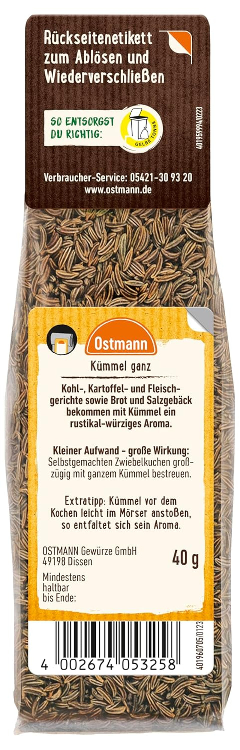 Ostmann Gewürze - Kümmel ganz | Zum Würzen von Brot und Gebäck | Zum Nachfüllen der Streudose | 40 gramos en bolsa