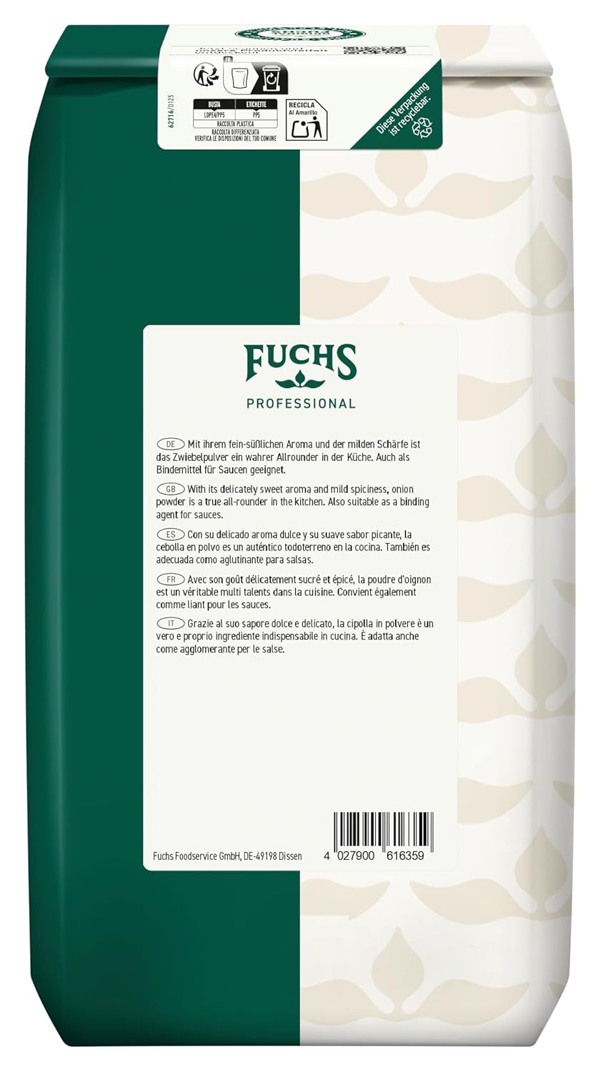 Fuchs Professional - Zwiebelpulver | Schonend verfahrett, zum Würzen von herzhaften Gerichten | Calidad profesional para grandes empresas gastronómicas y gastronómicas | Bolsa reciclable de 1 kg.
